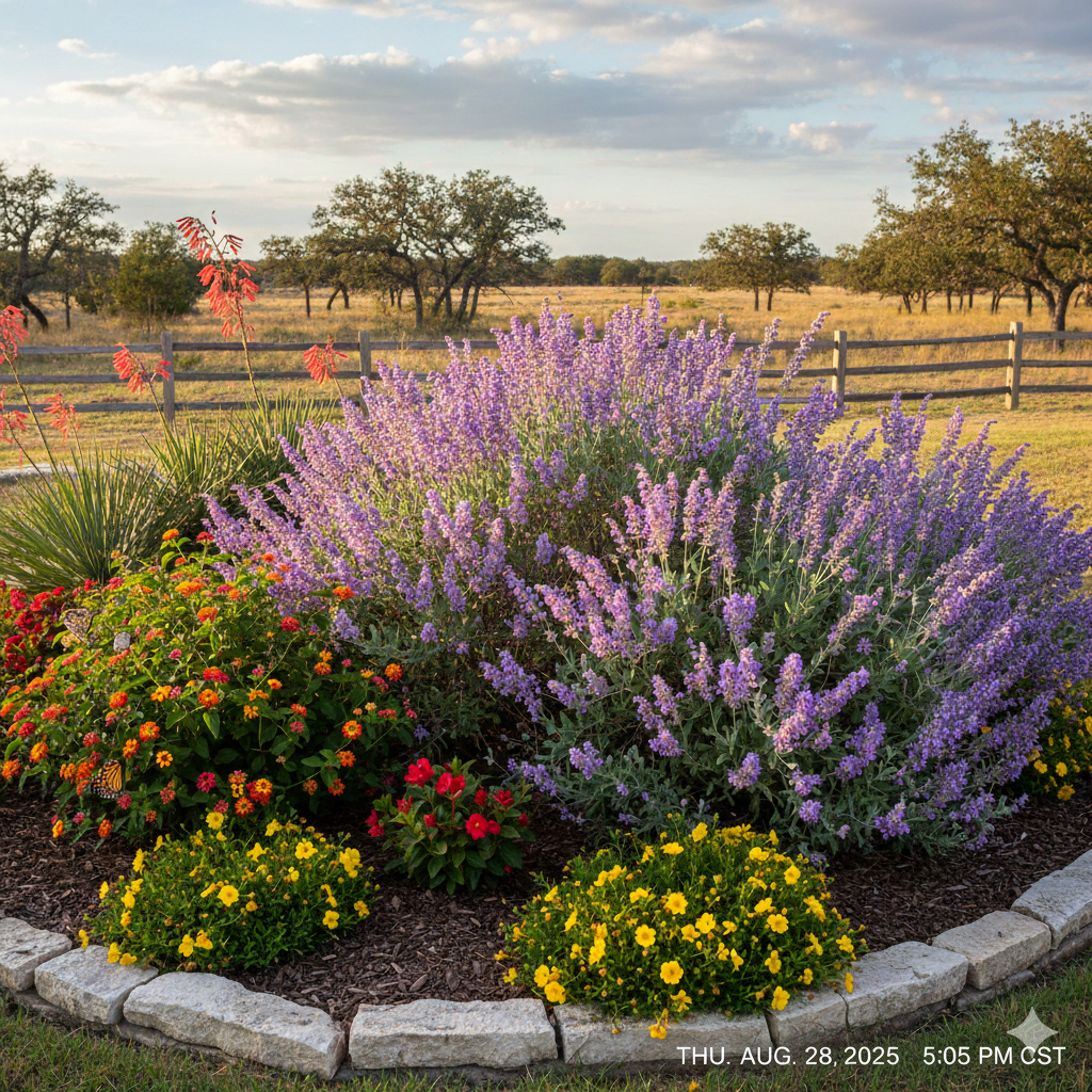 A colorful flower bed with various blooming flowers.
